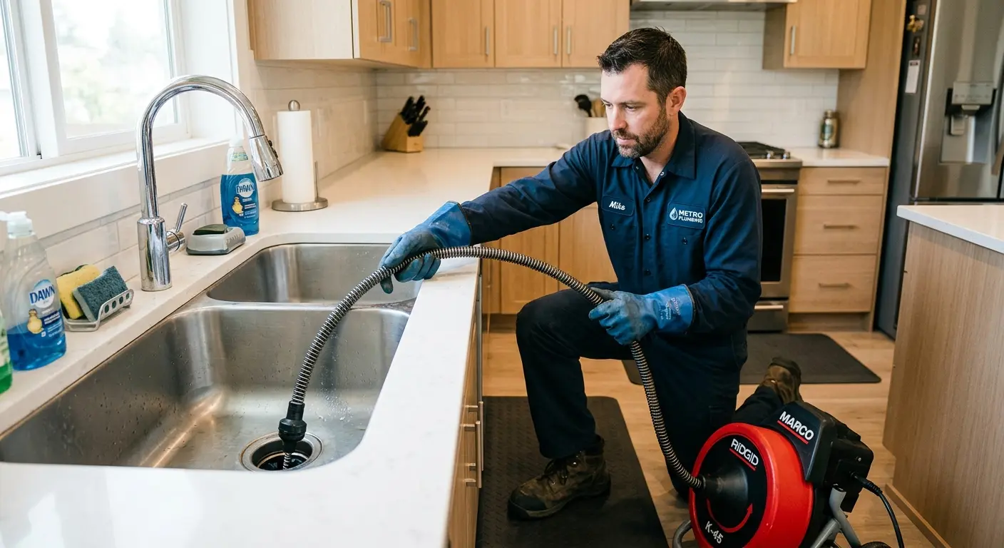 Drain cleaning technician using a motorized snake on a kitchen sink in Elmhurst