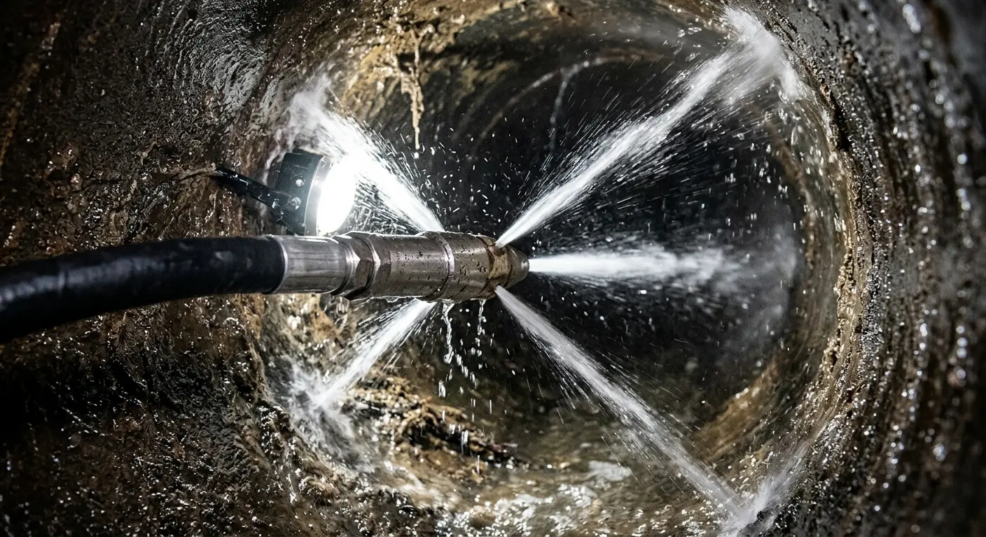 High-pressure hydro jetting nozzle cleaning sewer pipe for Trenchless Sewer Repair in Elmhurst
