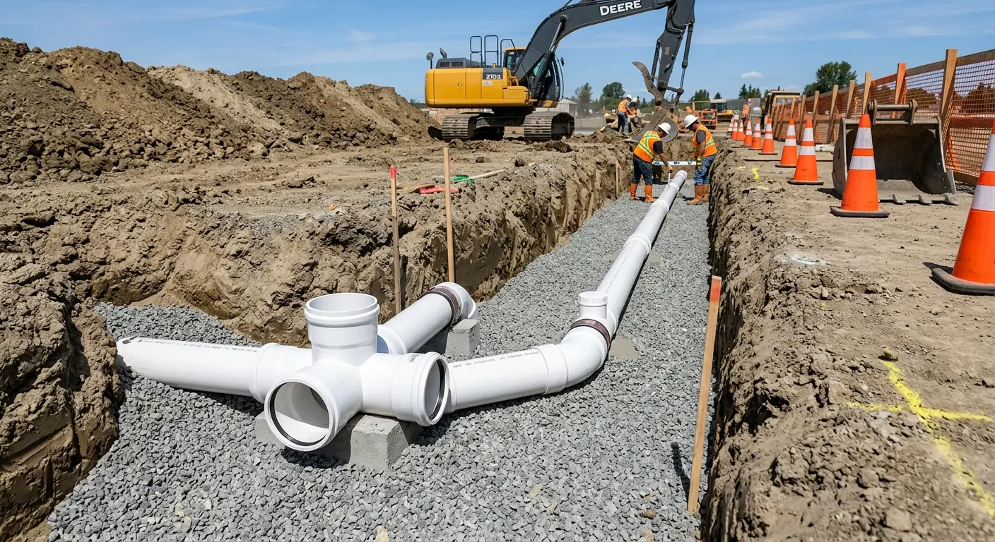 New PVC sewer pipe installation in open trench for Commercial Drain Cleaning in Elmhurst