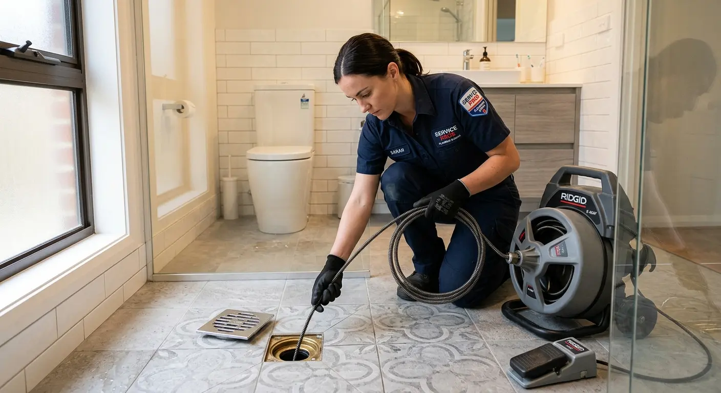 Technician clearing a bathroom floor drain for Drain Repair in Elmhurst